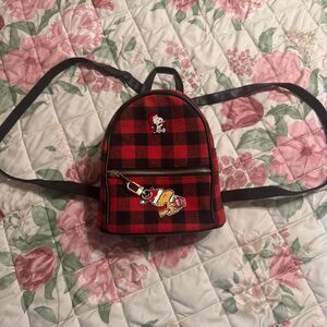 Loungefly Red & Black Plaid Mini Backpack with Cartoon Charm - Perfect for Fans!
